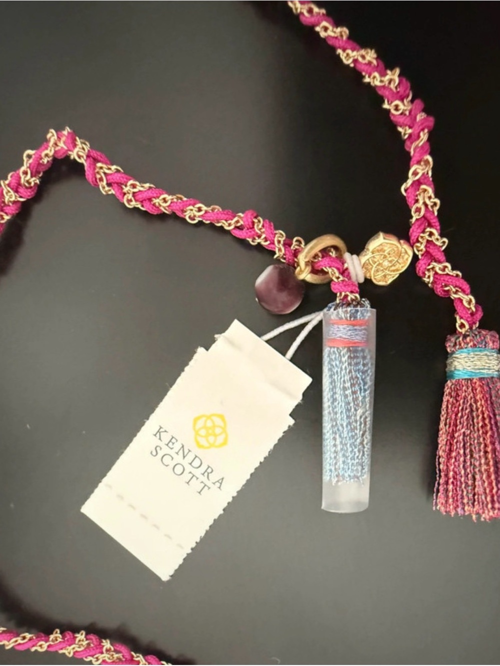 Kendra Scott Pink and Gold Braided Tassel Necklace with Multicolor Tassels